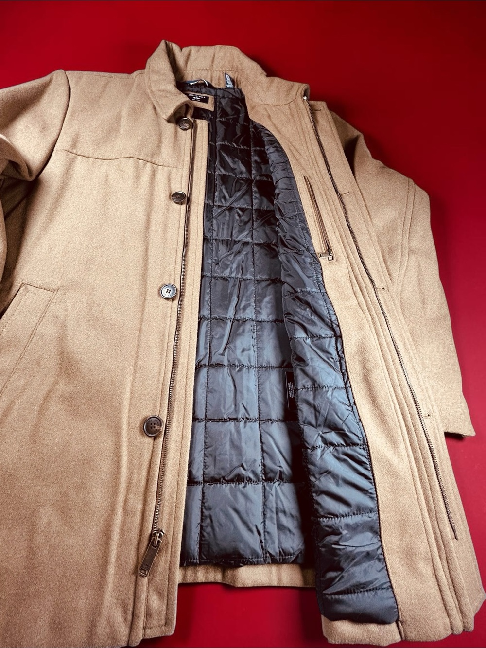 Dockers Men's Camel Tan Heavy Coat with Black Quilted Liner Zipper and Button Up